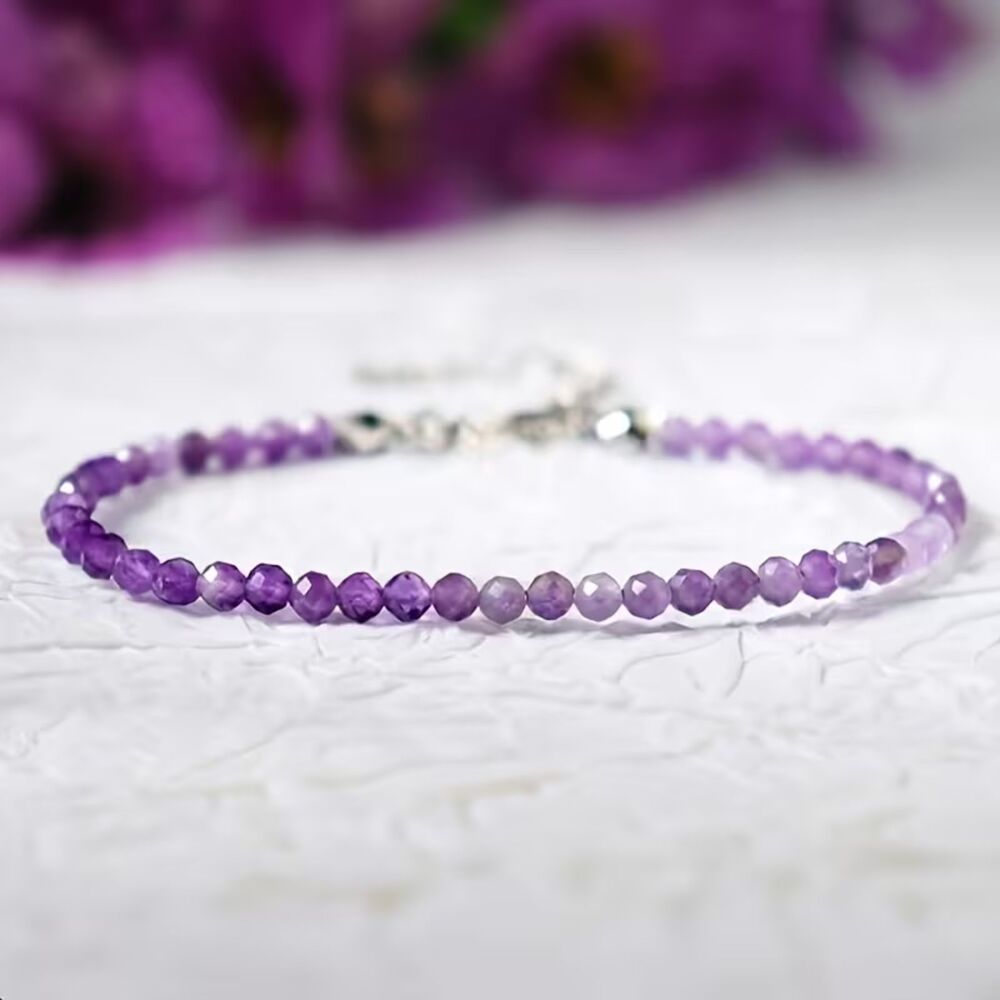 Dainty Amethyst Beaded Bracelet 3mm Faceted Crystal Gemstone Adjustable Chain